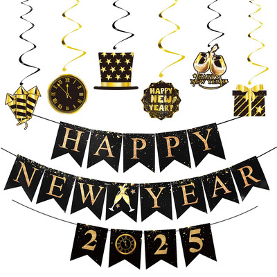 Fekete arany Boldog új évet Banner betűk Spirális örvények Fecskefarkú függő sármány 2025 újévi parti szalagok dekorációi