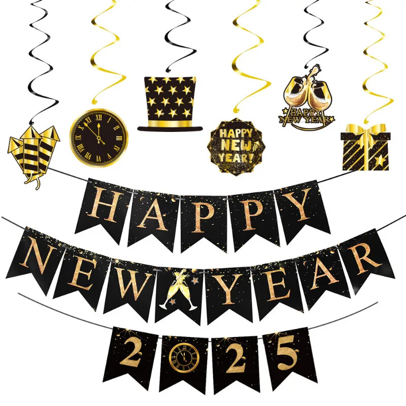 Fekete arany Boldog új évet Banner betűk Spirális örvények Fecskefarkú függő sármány 2025 újévi parti szalagok dekorációi