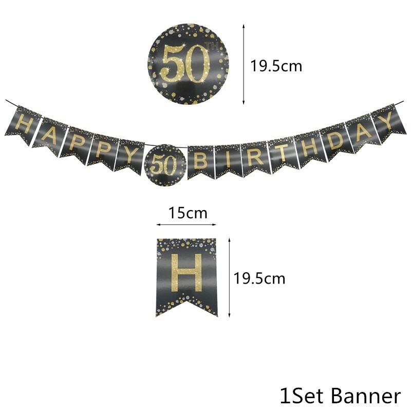 1Szett papír fekete arany 21 30 40 50 60 éves boldog születésnapot szalaghirdetés Felnőtt Boldog születésnapi parti évfordulós dekorációs cikkek