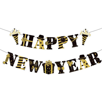 1 szett fekete arany boldog új évet jelző szalaghirdetés 2024-es újévi parti sármány zászló évfordulóhoz, boldog karácsonyt Garland Háztartási kellékek
