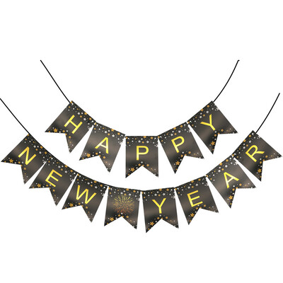 1 szett fekete arany boldog új évet jelző szalaghirdetés 2024-es újévi parti sármány zászló évfordulóhoz, boldog karácsonyt Garland Háztartási kellékek