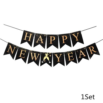 1 szett fekete arany boldog új évet jelző szalaghirdetés 2024-es újévi parti sármány zászló évfordulóhoz, boldog karácsonyt Garland Háztartási kellékek