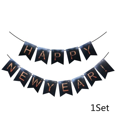 1 szett fekete arany boldog új évet jelző szalaghirdetés 2024-es újévi parti sármány zászló évfordulóhoz, boldog karácsonyt Garland Háztartási kellékek