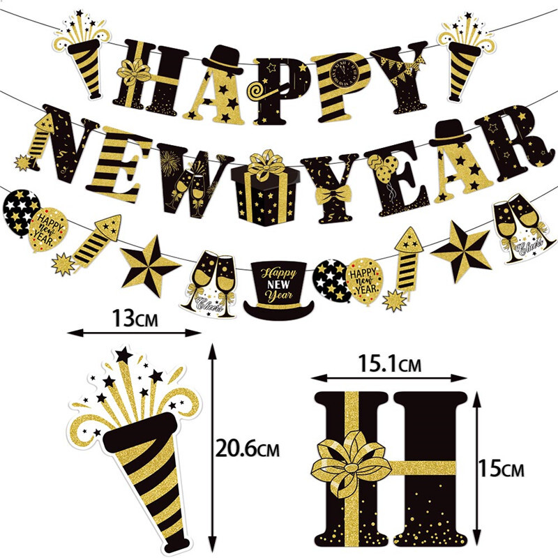 1 szett fekete arany boldog új évet jelző szalaghirdetés 2024-es újévi parti sármány zászló évfordulóhoz, boldog karácsonyt Garland Háztartási kellékek