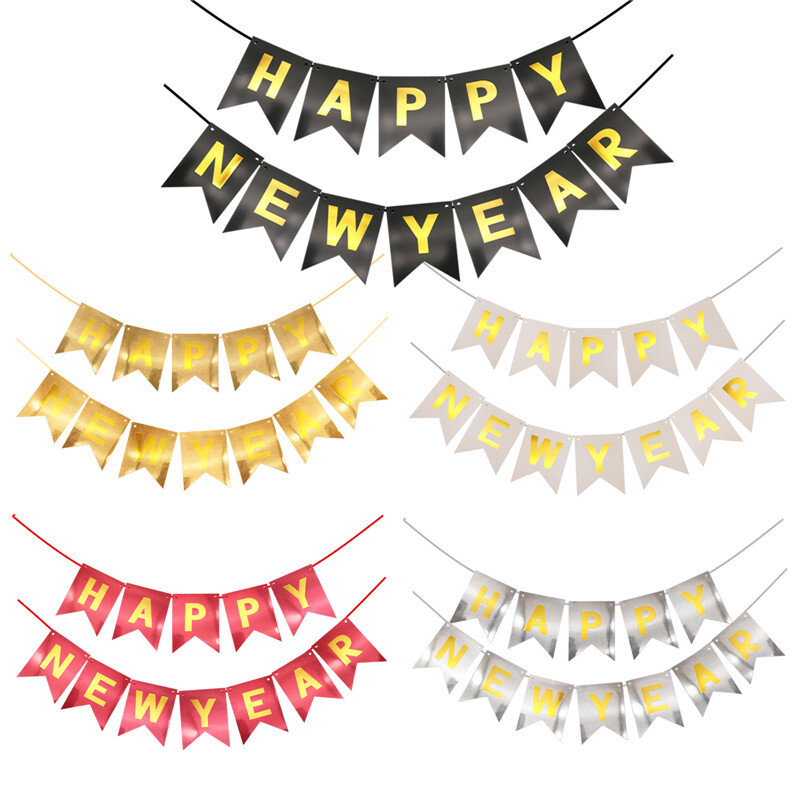 1 szett fekete arany boldog új évet jelző szalaghirdetés 2024-es újévi parti sármány zászló évfordulóhoz, boldog karácsonyt Garland Háztartási kellékek