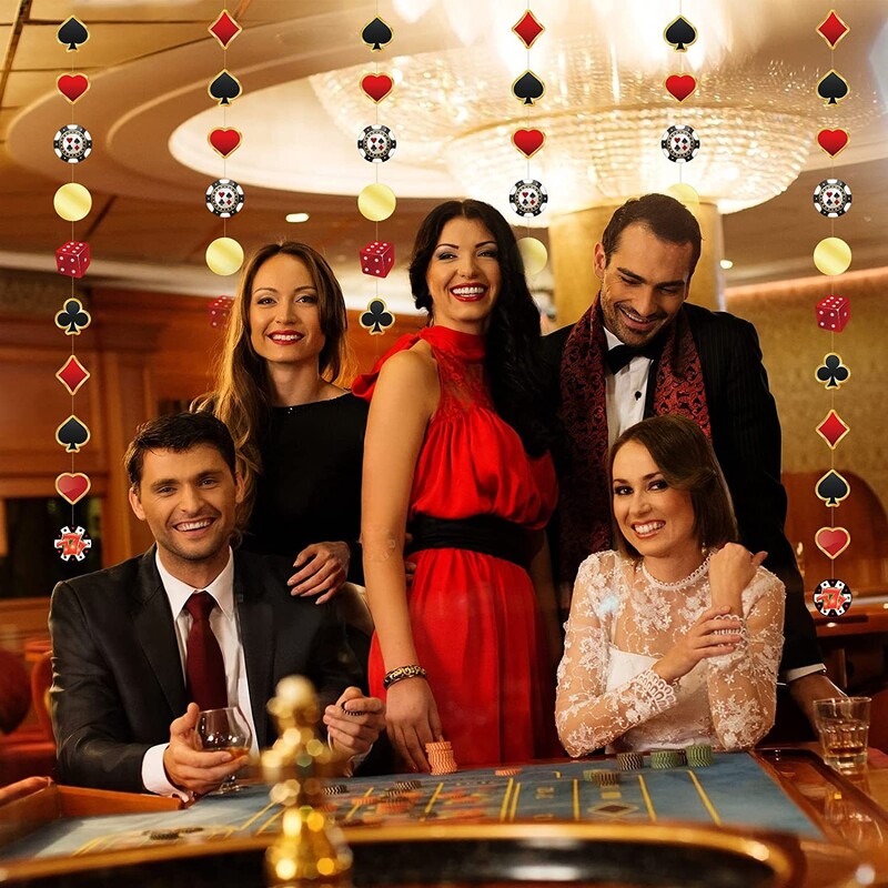 Kaszinó témájú esküvői parti dekoráció piros arany szív pontok gyémánt ásó póker füzér piros fekete póker parti szalag függő dekoráció