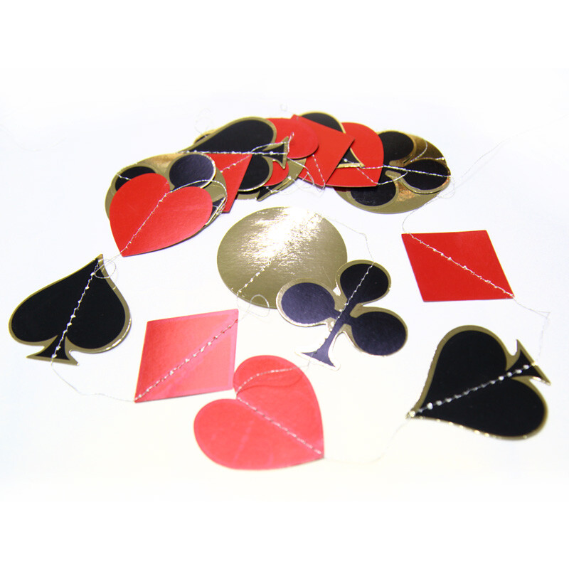 Kaszinó témájú esküvői parti dekoráció piros arany szív pontok gyémánt ásó póker füzér piros fekete póker parti szalag függő dekoráció