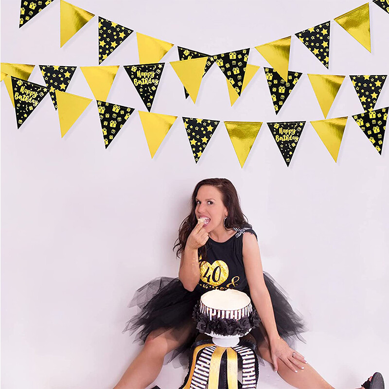 13Ft Fekete Fólia Arany csillag Boldog Születésnapot Banner Dekoráció Papír Zászló Zászlófüzér Folyó Felnőtt Gyerek Születésnapi Party Kellékek