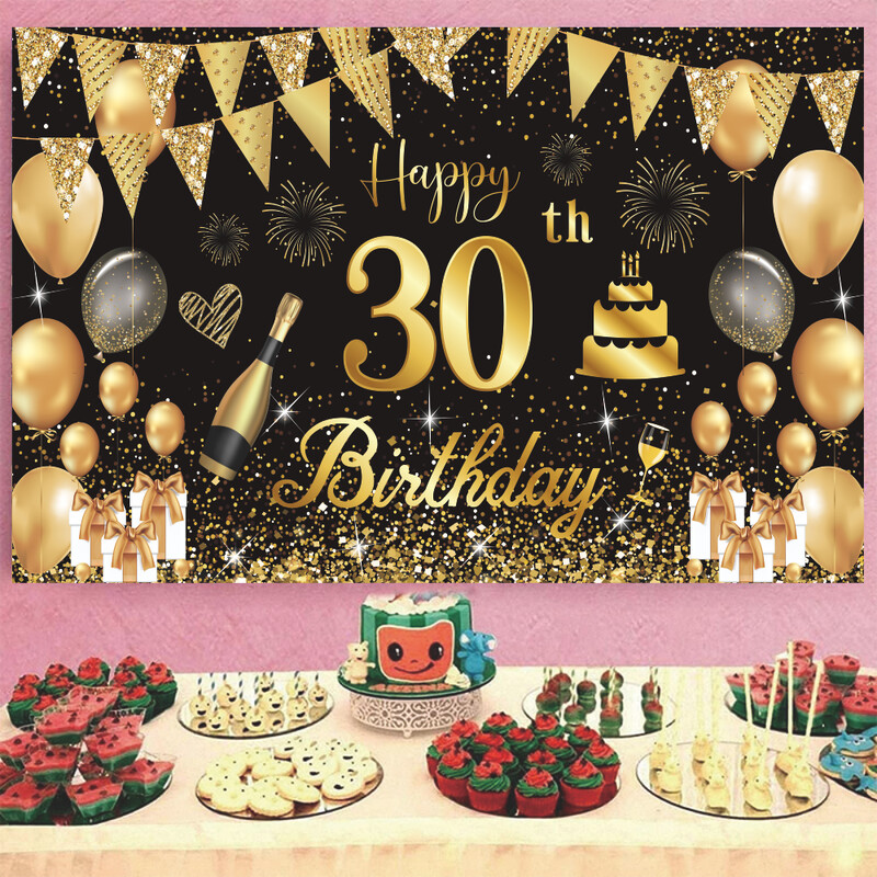 30. 50. 60. születésnapi buli Háttér Fekete arany csillogó fotófülke háttér szalaghirdetés Abrosz vállöv Felnőtt buli D