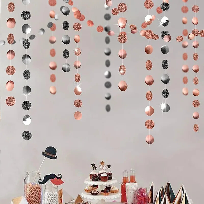 Rózsaarany fekete kör füzér függő pöttyök szalagos szalaghirdetés hátterek születésnapi esküvői édes 16 ballagás leánybúcsú kellékei