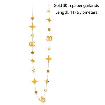 Fekete arany 30. születésnapi partidíszek 30-as szám, körpöttyös, csillogó csillag papírfüzérek boldog piszkos 30 éves kellékekhez