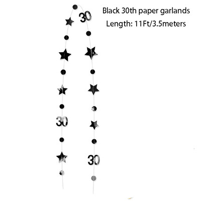Fekete arany 30. születésnapi partidíszek 30-as szám, körpöttyös, csillogó csillag papírfüzérek boldog piszkos 30 éves kellékekhez