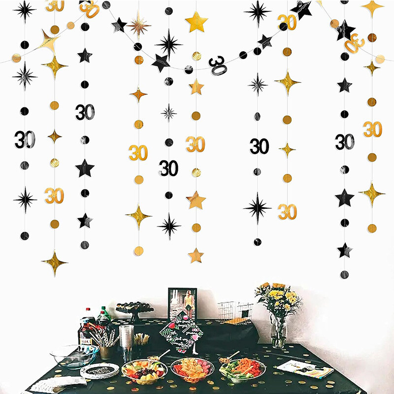 Fekete arany 30. születésnapi partidíszek 30-as szám, körpöttyös, csillogó csillag papírfüzérek boldog piszkos 30 éves kellékekhez