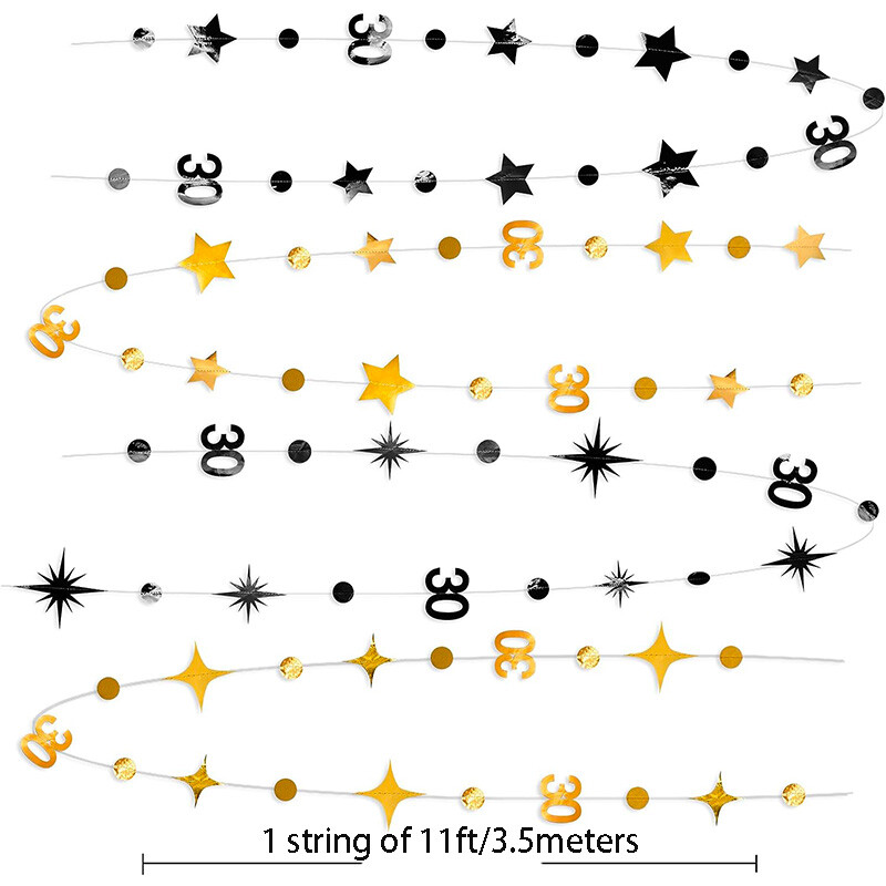 Fekete arany 30. születésnapi partidíszek 30-as szám, körpöttyös, csillogó csillag papírfüzérek boldog piszkos 30 éves kellékekhez