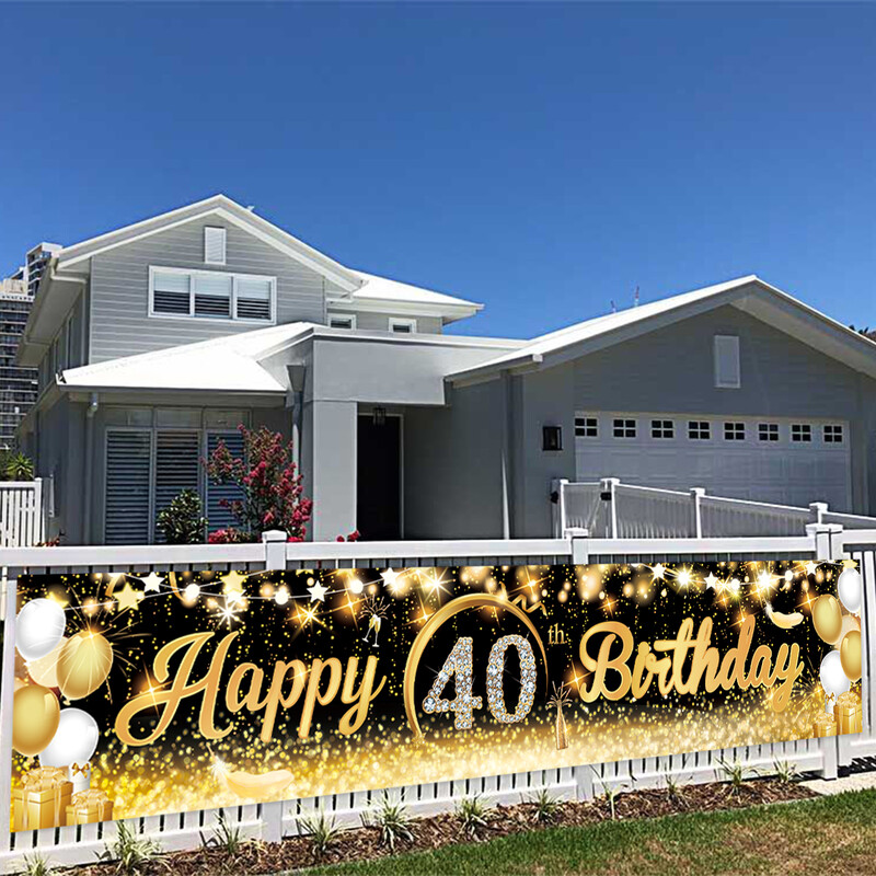 Fekete arany Boldog születésnapot Banner Balloon Zászló Felnőtt 30. 40. 50. 60. Születésnapi parti dekorációs kellékek sármányozási évforduló