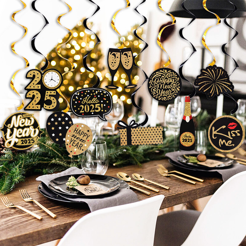 1Szett szilveszteri parti dekoráció spirál alakú függő transzparens, fekete arany Hello 2025 karácsonyi parti kellékek Photo Booth kellékek ajándék