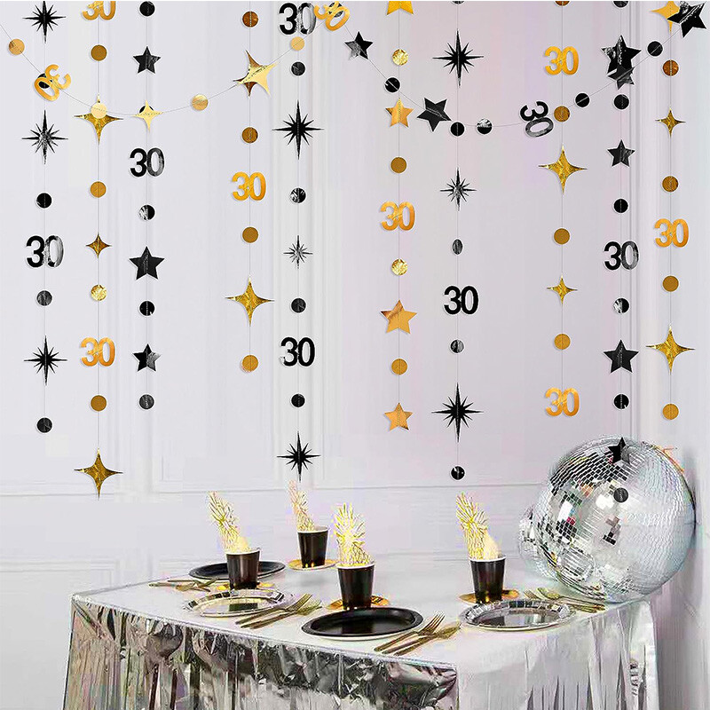 Fekete rózsa arany 30. boldog, piszkos születésnapi parti díszek 30. körpöttyös csillogó csillag papírfüzérek 30 éves kellékekhez