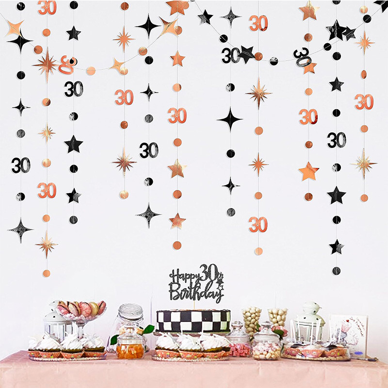 Fekete rózsa arany 30. boldog, piszkos születésnapi parti díszek 30. körpöttyös csillogó csillag papírfüzérek 30 éves kellékekhez