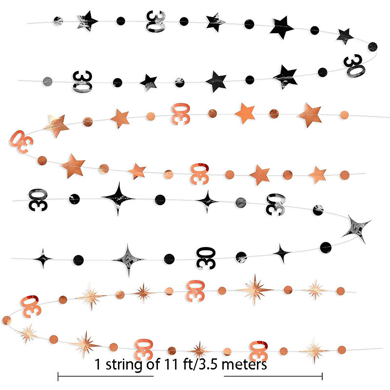 Fekete rózsa arany 30. boldog, piszkos születésnapi parti díszek 30. körpöttyös csillogó csillag papírfüzérek 30 éves kellékekhez