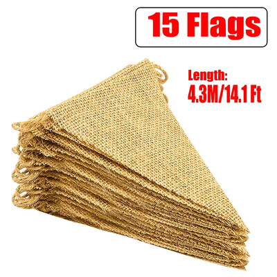 4,3M 15 zászló Vintage juta háromszög zászló Hessian zsákvászon sármány transzparens Esküvői party fotózás kellékek ünnepi parti dekoráció