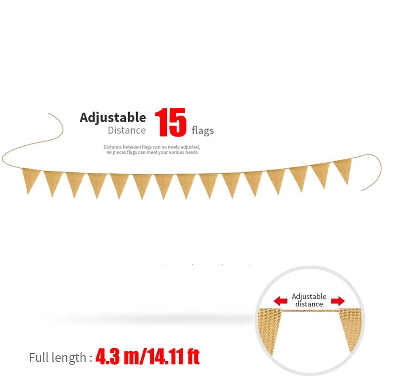 4,3M 15 zászló Vintage juta háromszög zászló Hessian zsákvászon sármány transzparens Esküvői party fotózás kellékek ünnepi parti dekoráció