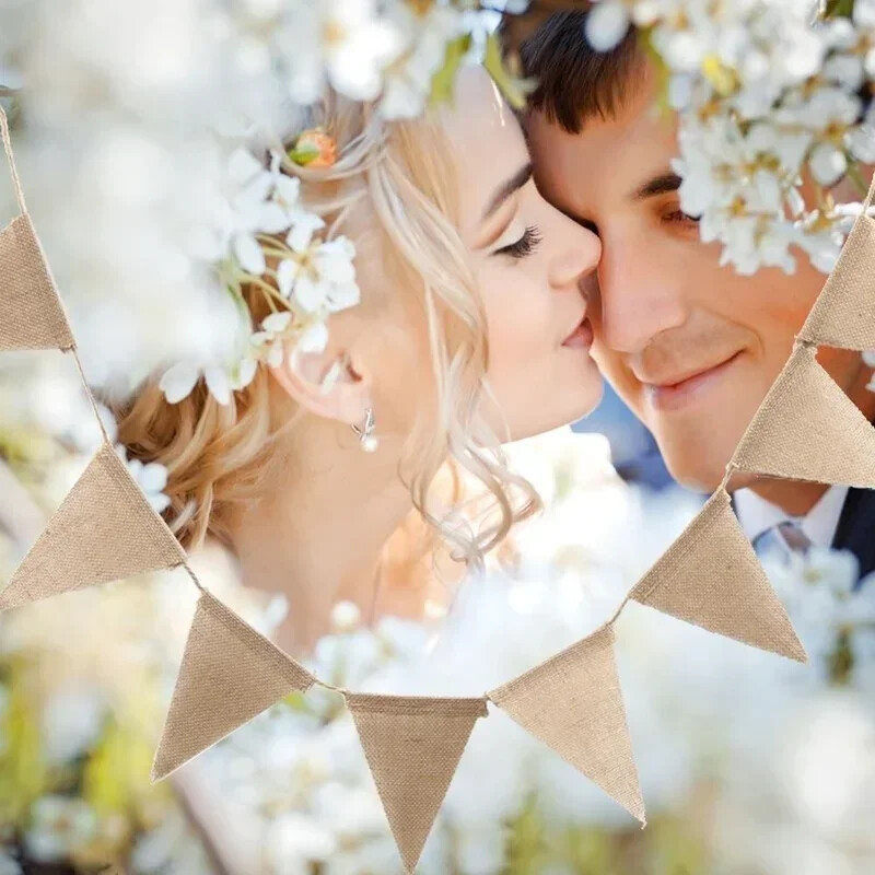 4,3M 15 zászló Vintage juta háromszög zászló Hessian zsákvászon sármány transzparens Esküvői party fotózás kellékek ünnepi parti dekoráció