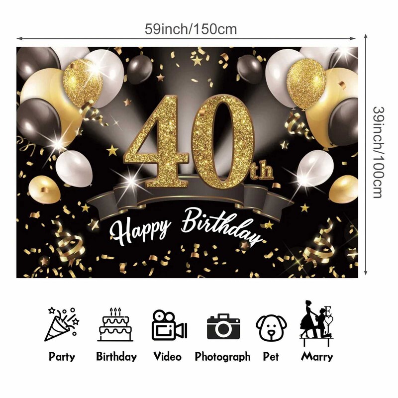 40. születésnapi parti háttér léggömb, léggömb háttérkészlet, boldog 40. születésnapi szalaghirdetés Felnőtt fotózási kellékek Fekete arany pa