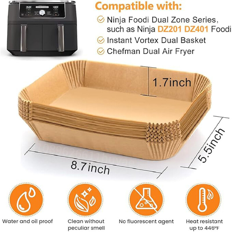 Air Fryer eldobható papírbetétek téglalap légfrissítő pergamenpapír Ninja Dual Basket DZ201 DZ401 8Qt Airfryer tartozékokhoz