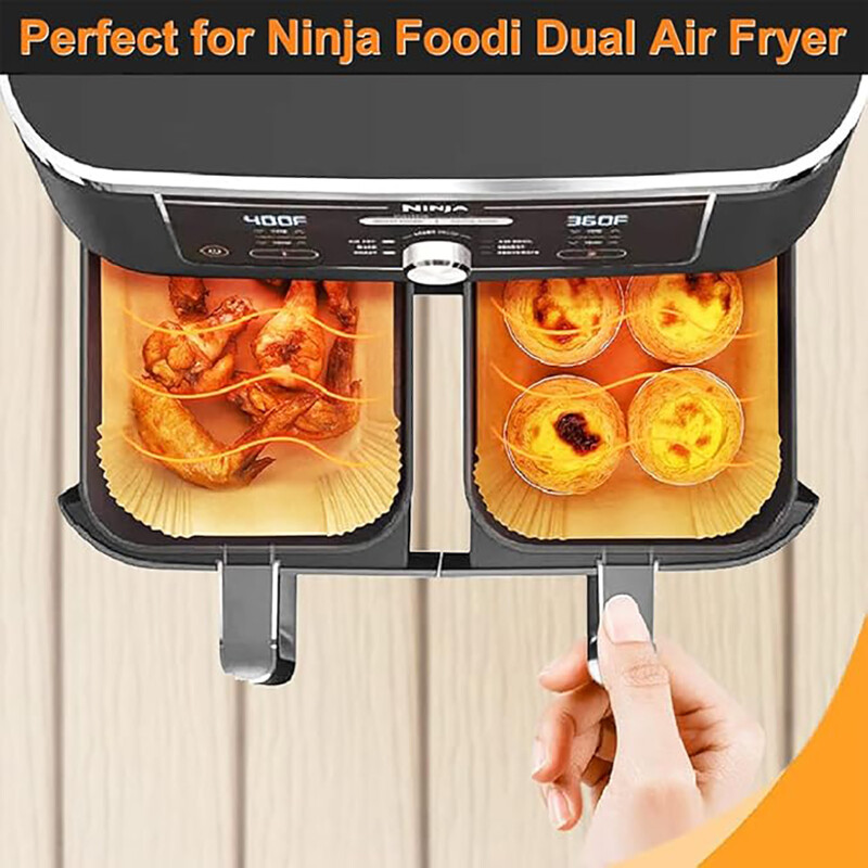 Air Fryer eldobható papírbetétek téglalap légfrissítő pergamenpapír Ninja Dual Basket DZ201 DZ401 8Qt Airfryer tartozékokhoz
