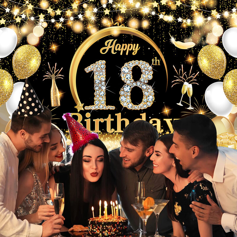 Arany fekete születésnapi háttér Boldog 18. 70. születésnapi parti dekoráció arany csillogó születésnapi dekoráció felnőtt születésnapi dekorációhoz