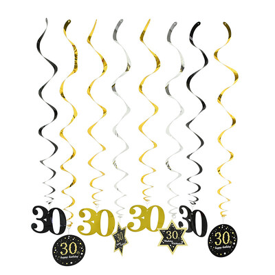 8db mennyezeti függő dekoráció 18 21 30 40 50 60 fekete arany spirálfüzér PVC örvényszalag boldog születésnapi parti dekorációs kellékek
