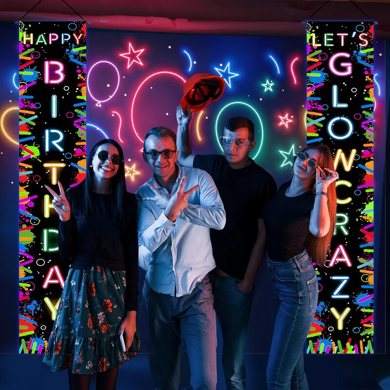 Glow in the Dark Party Banner Neon Boldog születésnapot Verandán Glow Party Háttér születésnapi bulihoz