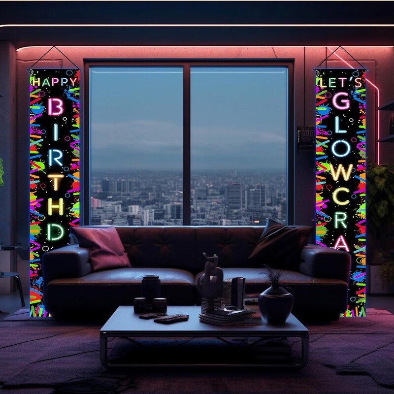 Glow in the Dark Party Banner Neon Boldog születésnapot Verandán Glow Party Háttér születésnapi bulihoz