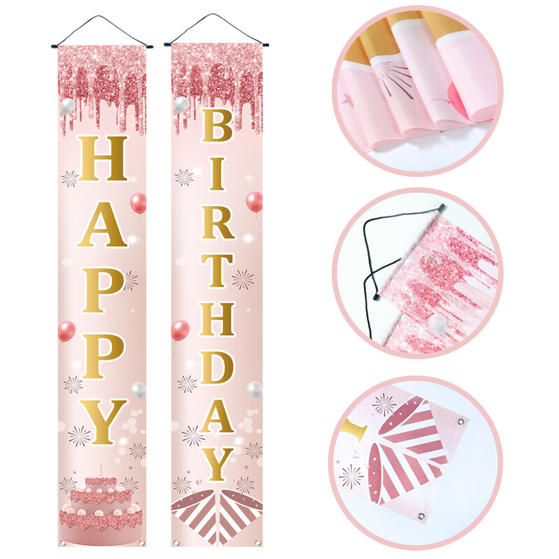 30*180 cm-es poliészter rózsa arany születésnapi ajtópáros Születésnapi parti dekoráció Gyerek lányoknak buli kellékek ajtó banner Babazuhany szívesség