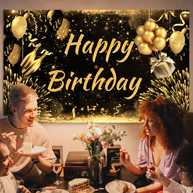 Fekete arany Születésnapi Háttér Banner Arany Csillogó Photo Booth Háttér Függő Zászló Boldog Születésnapi Party dekoráció Háttér