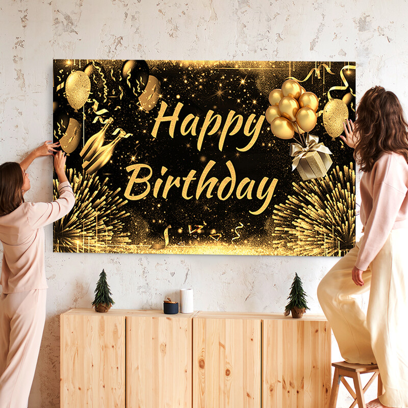 Fekete arany Születésnapi Háttér Banner Arany Csillogó Photo Booth Háttér Függő Zászló Boldog Születésnapi Party dekoráció Háttér
