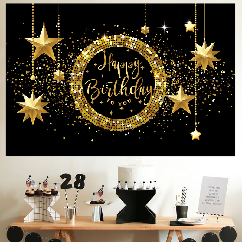 Fekete arany Születésnapi Háttér Banner Arany Csillogó Photo Booth Háttér Függő Zászló Boldog Születésnapi Party dekoráció Háttér
