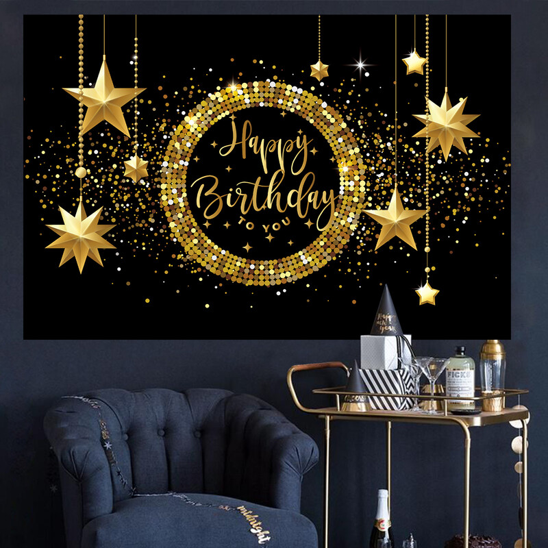 Fekete arany Születésnapi Háttér Banner Arany Csillogó Photo Booth Háttér Függő Zászló Boldog Születésnapi Party dekoráció Háttér