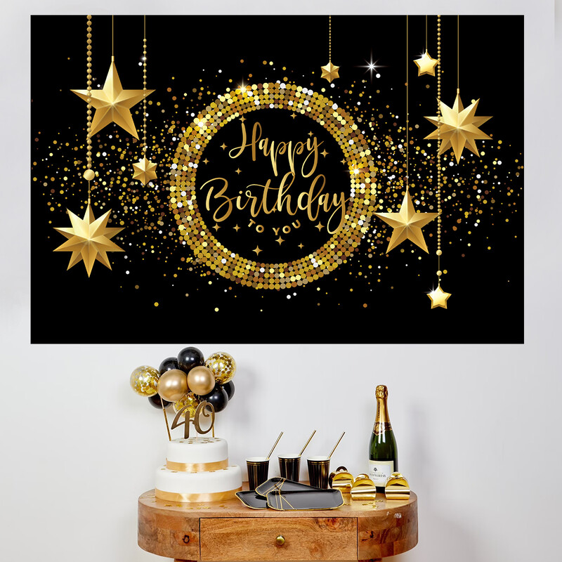 Fekete arany Születésnapi Háttér Banner Arany Csillogó Photo Booth Háttér Függő Zászló Boldog Születésnapi Party dekoráció Háttér