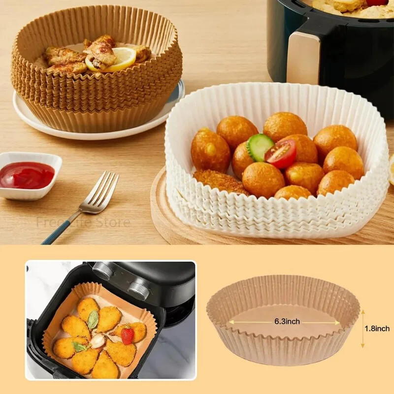 50 DB Air Fryer eldobható papír bélés tapadásmentes, olajálló pergamen szőnyeg főzéshez Mikrohullámú sütőben gőzölő kosár sütőeszközök