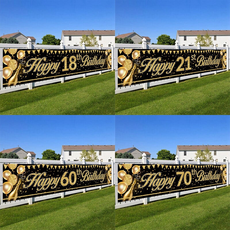 Fekete arany Boldog születésnapot szalaghirdetés kültéri Boldog 16. 21. 60. 70. születésnapi party dekoráció Felnőtt születésnapi parti kellékek