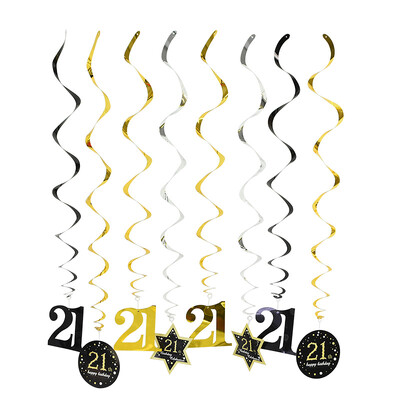 8db mennyezeti függő dekoráció 18 21 30 40 50 60 fekete arany spirálfüzér PVC örvényszalag boldog születésnapi parti dekorációs kellékek