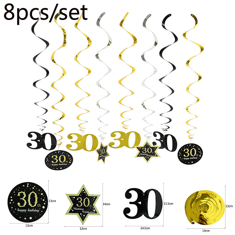 8db mennyezeti függő dekoráció 18 21 30 40 50 60 fekete arany spirálfüzér PVC örvényszalag boldog születésnapi parti dekorációs kellékek