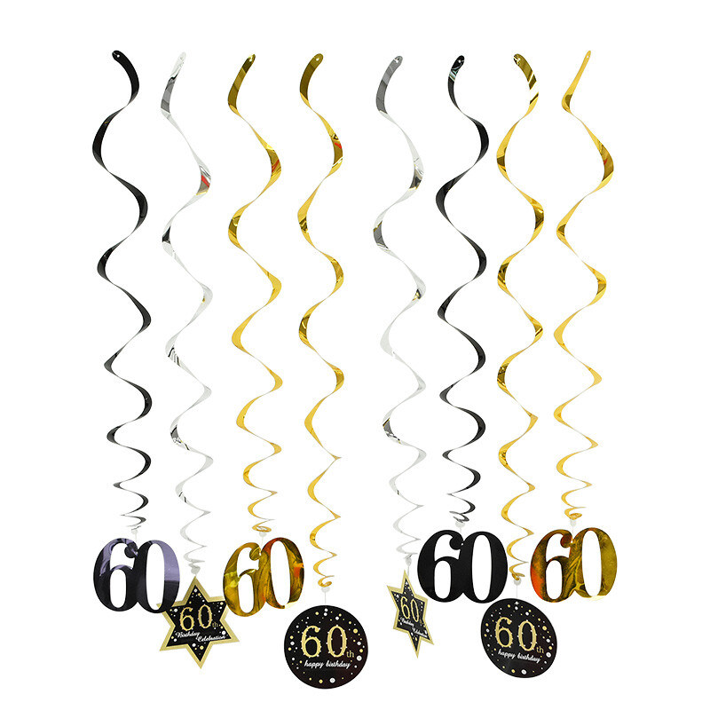 8db mennyezeti függő dekoráció 18 21 30 40 50 60 fekete arany spirálfüzér PVC örvényszalag boldog születésnapi parti dekorációs kellékek