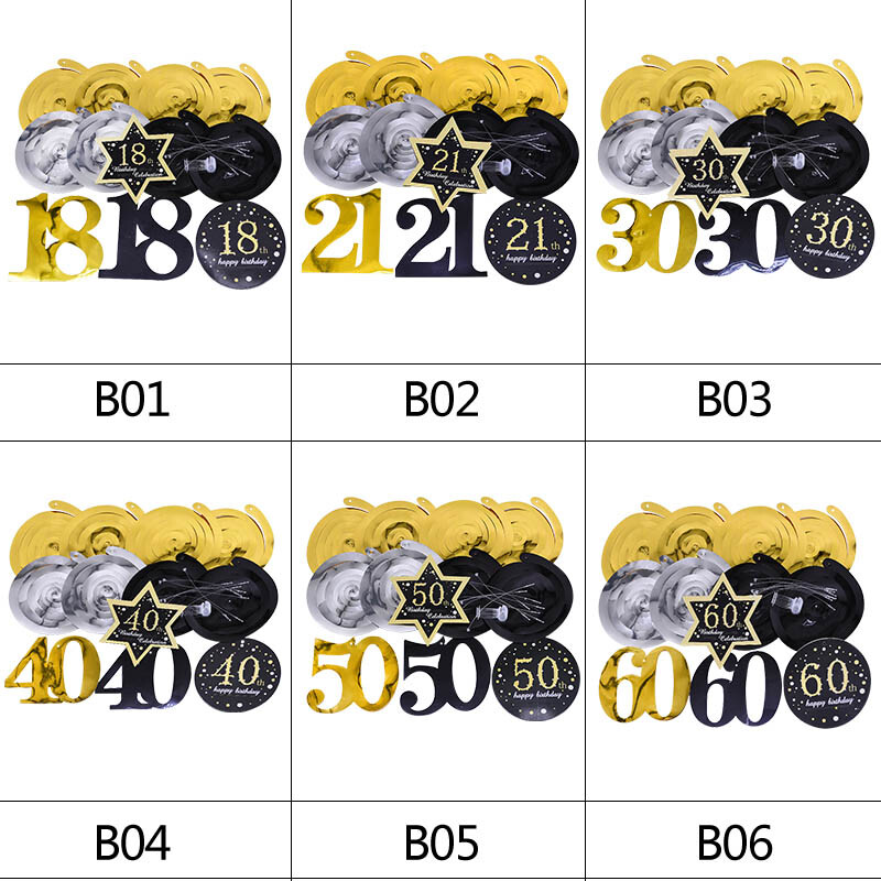 8db mennyezeti függő dekoráció 18 21 30 40 50 60 fekete arany spirálfüzér PVC örvényszalag boldog születésnapi parti dekorációs kellékek