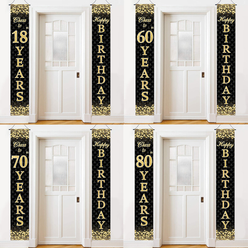 Fekete arany születésnapi dekorációs ajtószalag Boldog születésnapi parti kellékek dekoráció 18. 30. születésnapi parti kellékek dekoráció kültéri kellékek