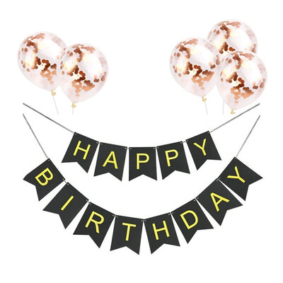 BOLDOG SZÜLETÉSNAPOT Papír sármány zászló 5 db rózsaarany konfetti lufival gyerekeknek felnőtt születésnapi babaváró parti dekorációval