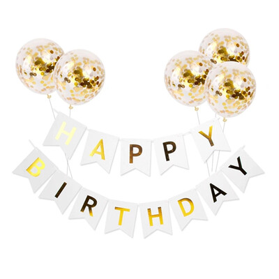 BOLDOG SZÜLETÉSNAPOT Papír sármány zászló 5 db rózsaarany konfetti lufival gyerekeknek felnőtt születésnapi babaváró parti dekorációval