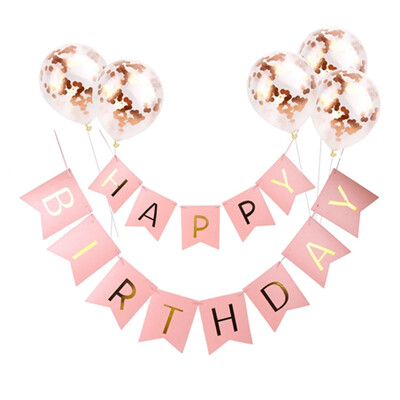 BOLDOG SZÜLETÉSNAPOT Papír sármány zászló 5 db rózsaarany konfetti lufival gyerekeknek felnőtt születésnapi babaváró parti dekorációval