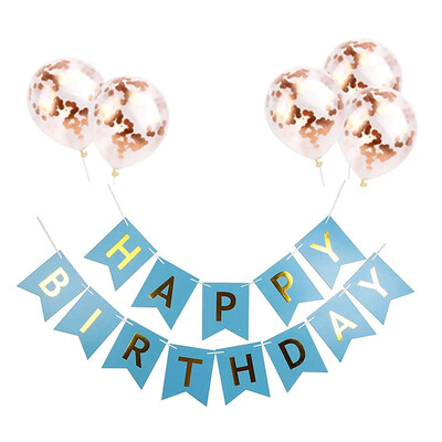 BOLDOG SZÜLETÉSNAPOT Papír sármány zászló 5 db rózsaarany konfetti lufival gyerekeknek felnőtt születésnapi babaváró parti dekorációval